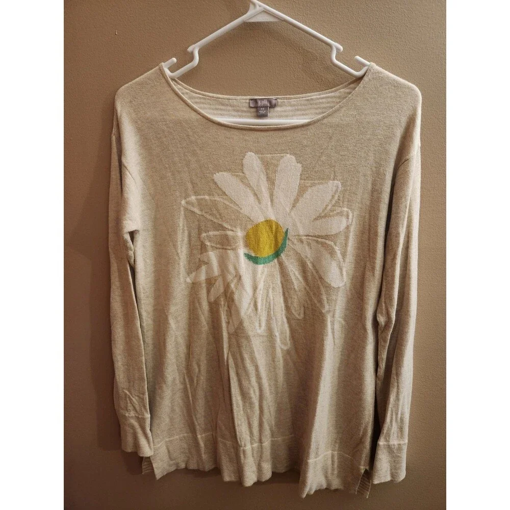 J. Jill Beige Tan Flower Floral Cotton Blend Sweater Top Pull Over Size XS